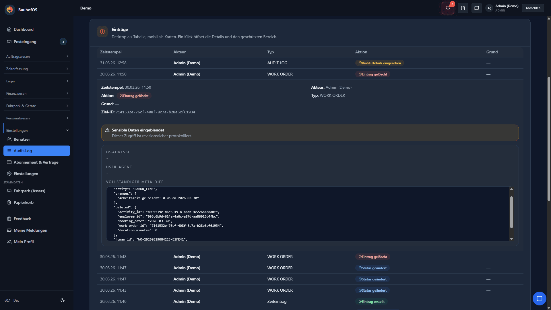 Redigierte Audit-Ansicht und der Button für sensible Details