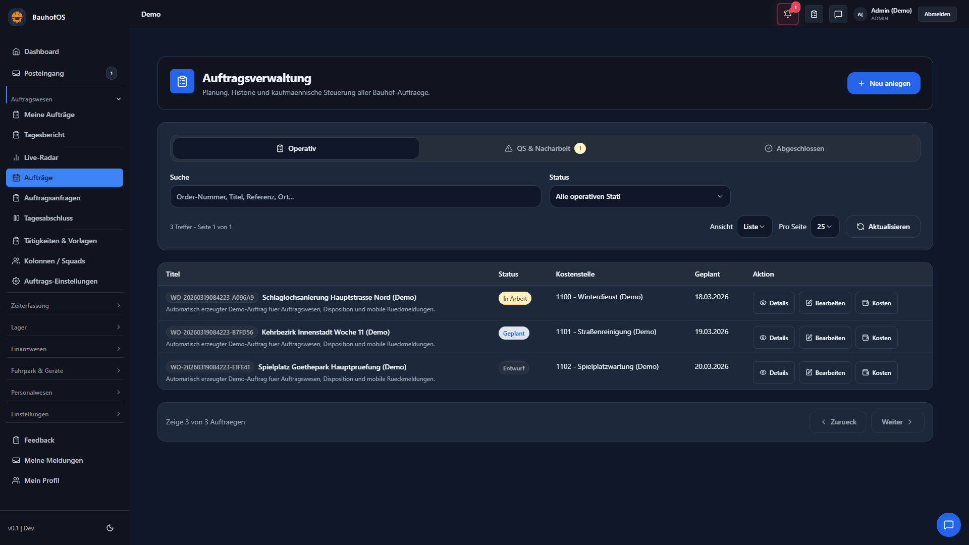 Digitale Auftragsliste mit Status, Priorität und geplanter Kolonne