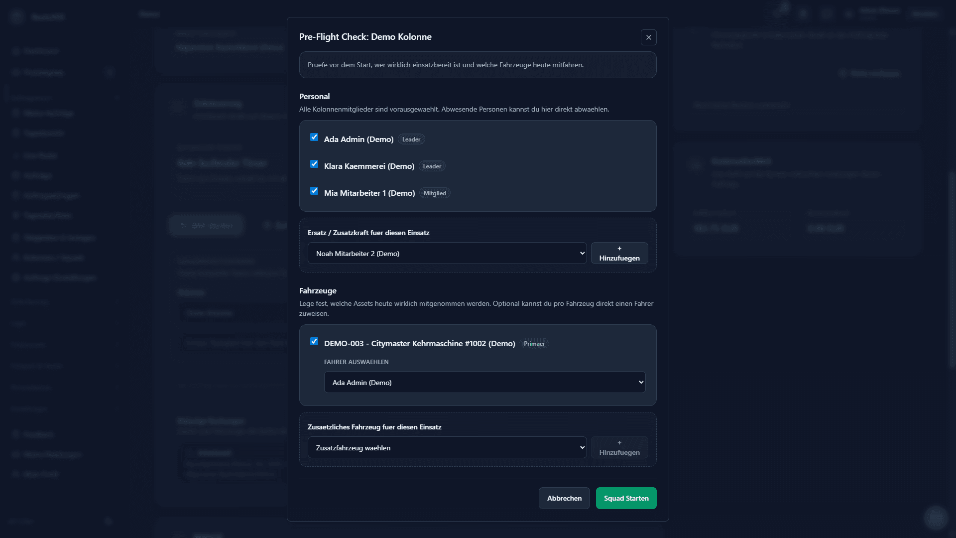 Pre-Flight-Modal als Bestätigungsfenster vor dem Start einer Kolonne