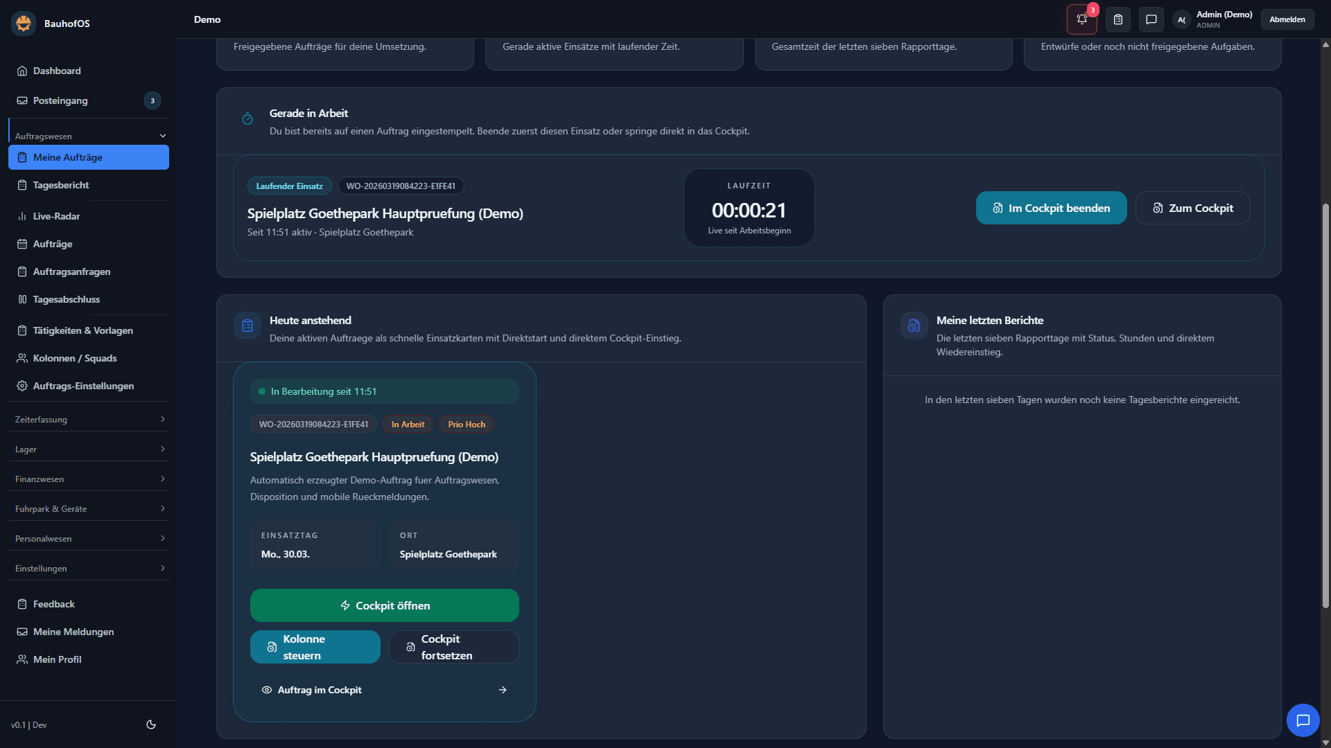 Dashboard-Karte mit Hinweis "Im Cockpit beenden" statt Direkt-Stop
