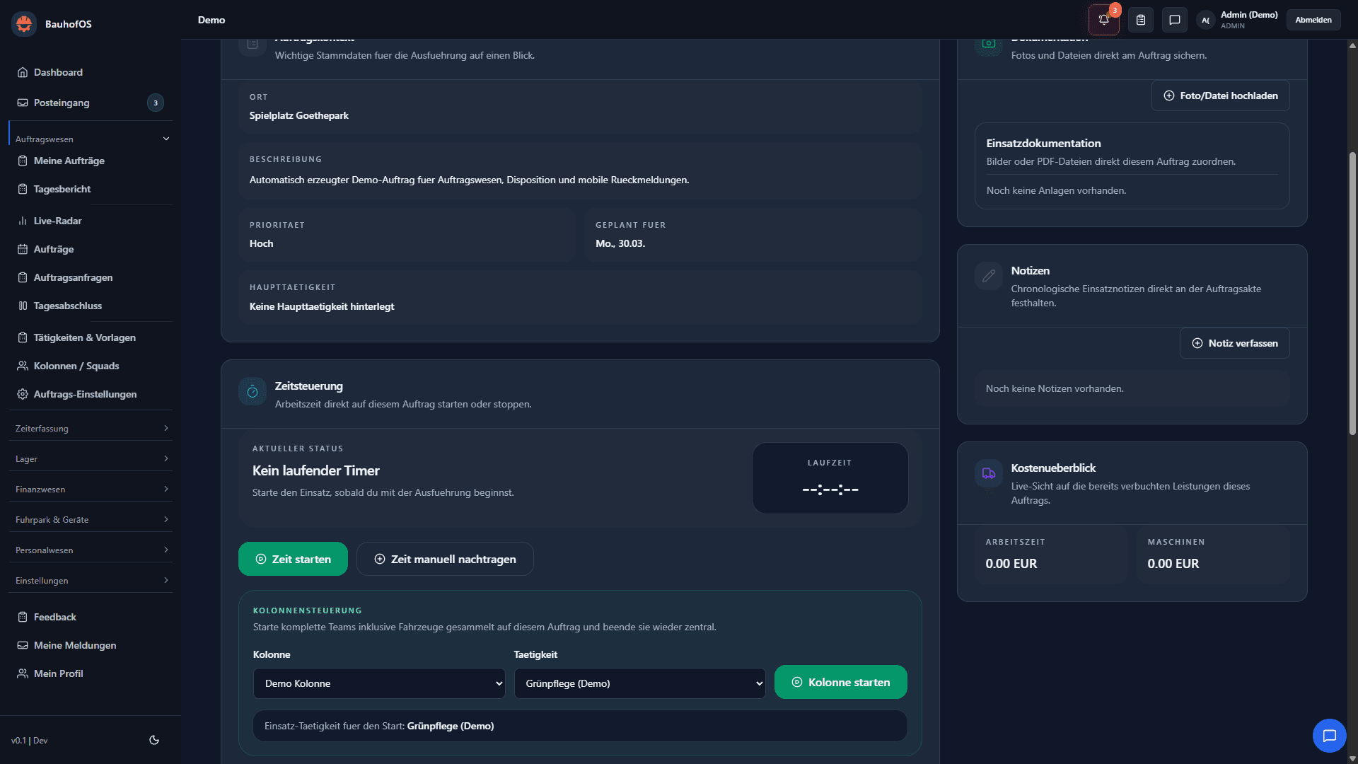 Cockpit mit manuell gewählter Tätigkeit vor dem Kolonnen-Start
